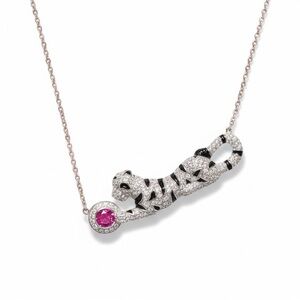 SILVER PANTHER CZ ENAMEL PINK AND BLACK NECKLACE